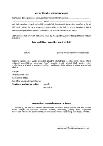 Čestné prohlášení o bezinfekčnosti dítěte - Vzor ke stažení () Čestné prohlášení o bezinfekčnosti dítěte - Vzor ke stažení